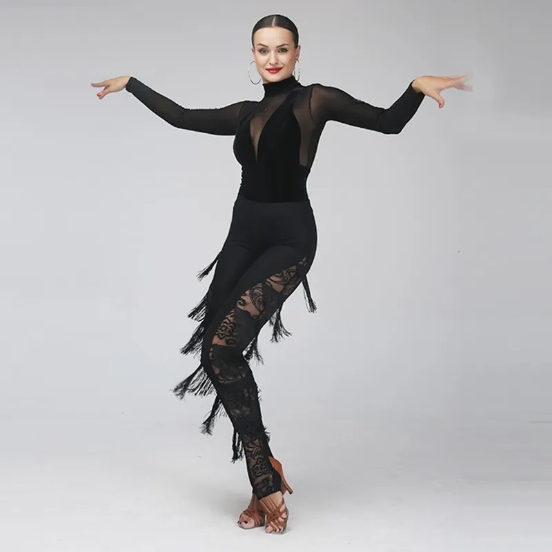 Long Black Latin or Rhythm Lace Practice or Competition Pants with Fringe Accents Sizes S-XL PRA 151 in Stock