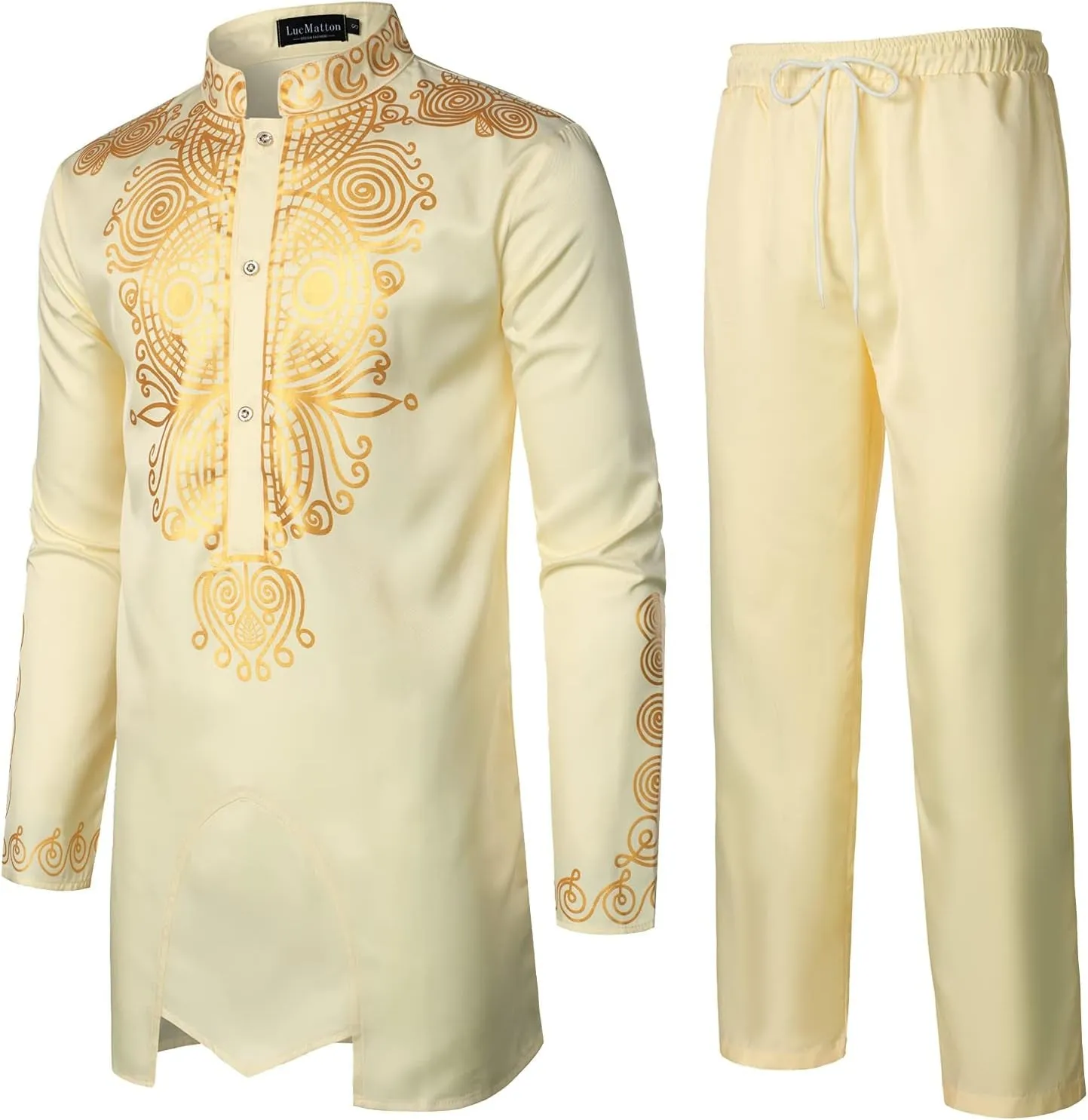 Men'S African 2 Piece Set Long Sleeve Gold Print Dashiki and Pants Outfit Traditional Suit