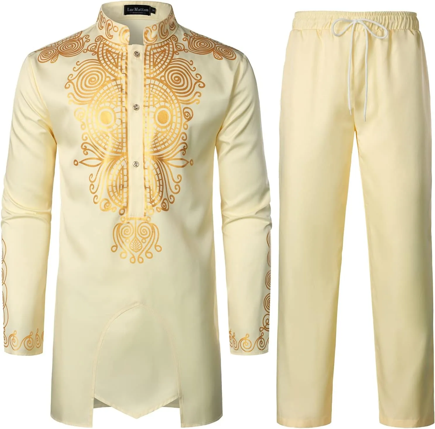 Men'S African 2 Piece Set Long Sleeve Gold Print Dashiki and Pants Outfit Traditional Suit