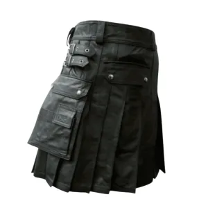 Mens Black Leather Kilts with Cargo Pockets