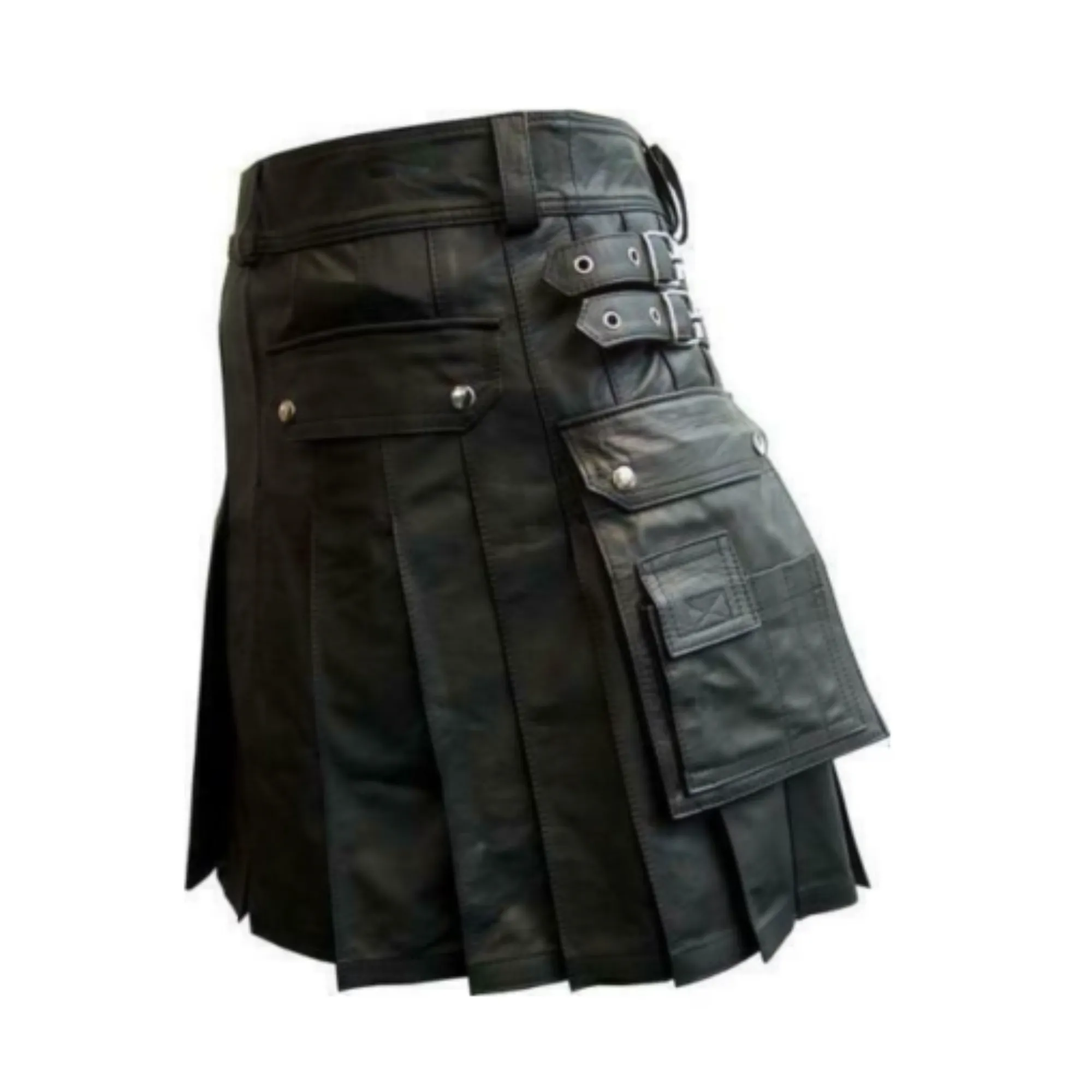 Mens Black Leather Kilts with Cargo Pockets