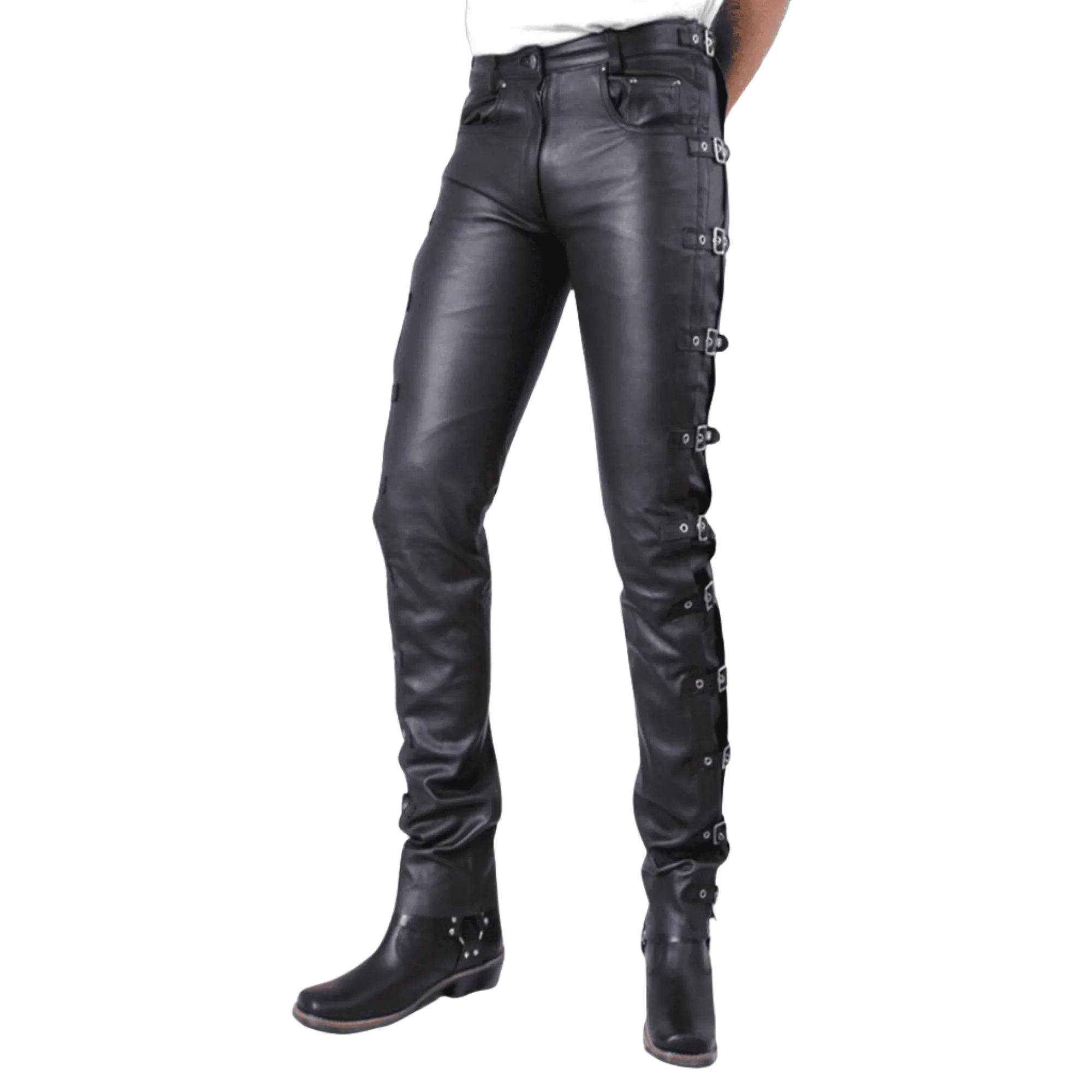 Mens Black Side Buckles Bondage Leather Pants