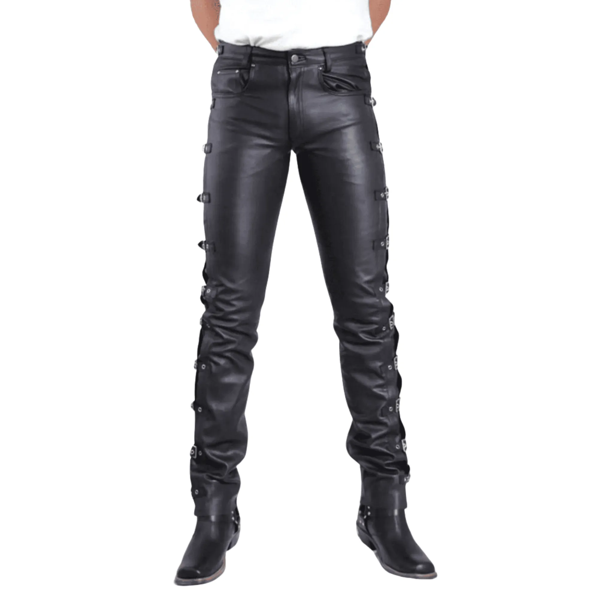 Mens Black Side Buckles Bondage Leather Pants