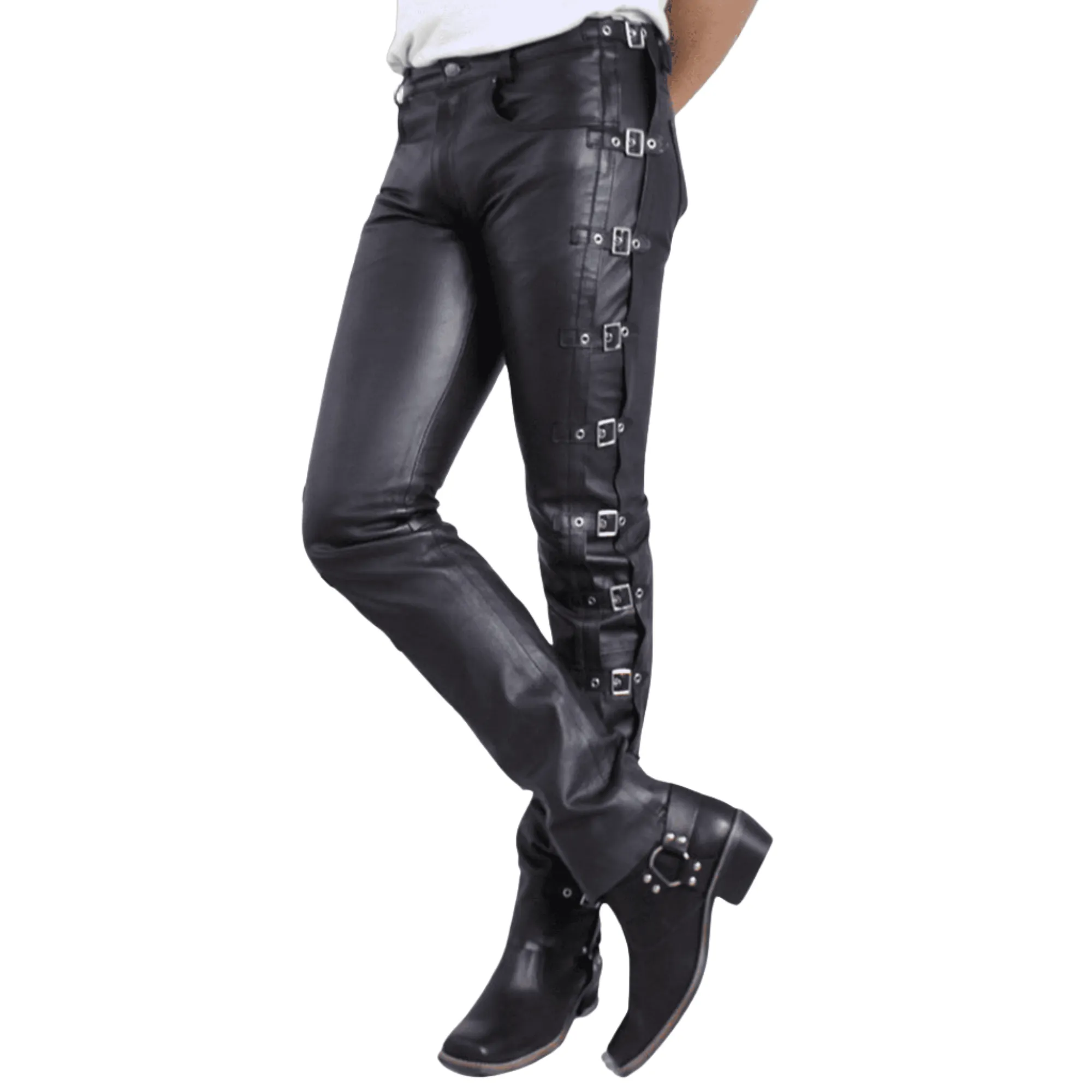 Mens Black Side Buckles Bondage Leather Pants