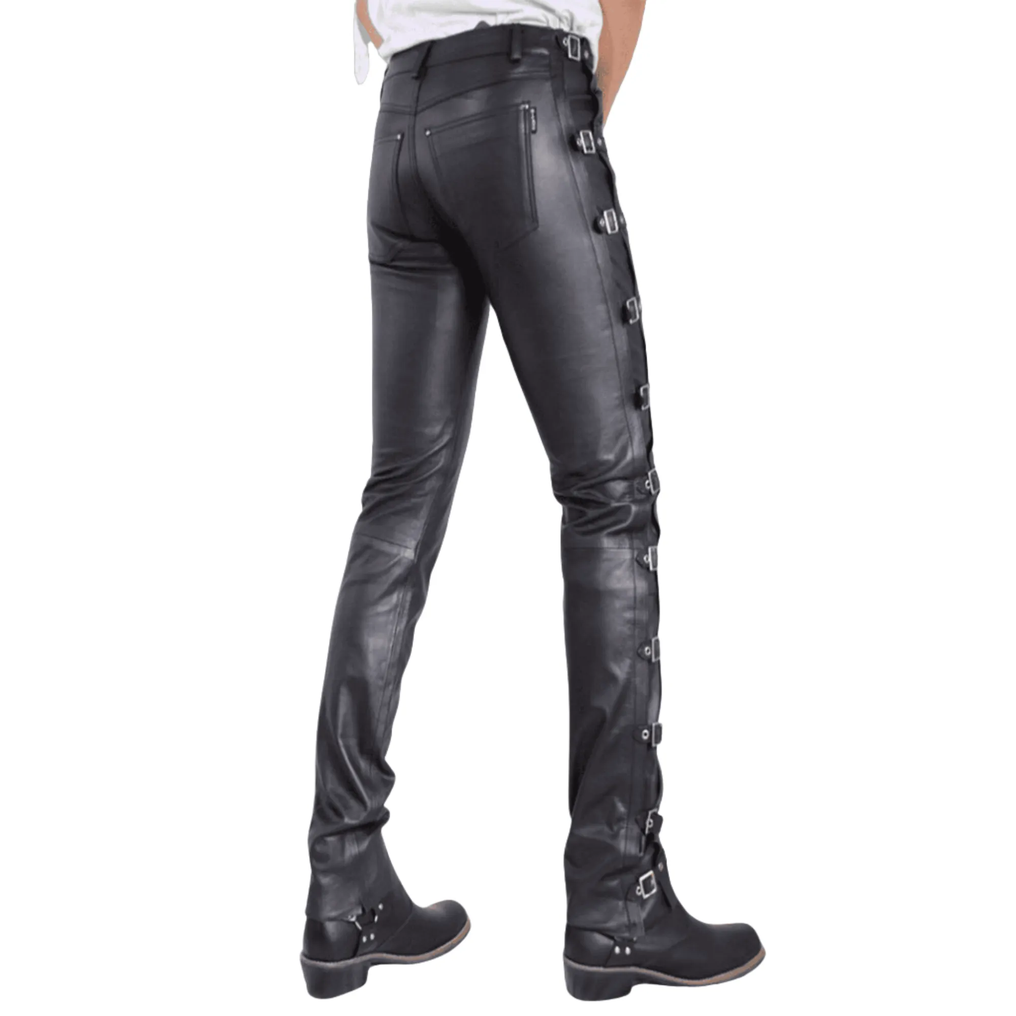 Mens Black Side Buckles Bondage Leather Pants