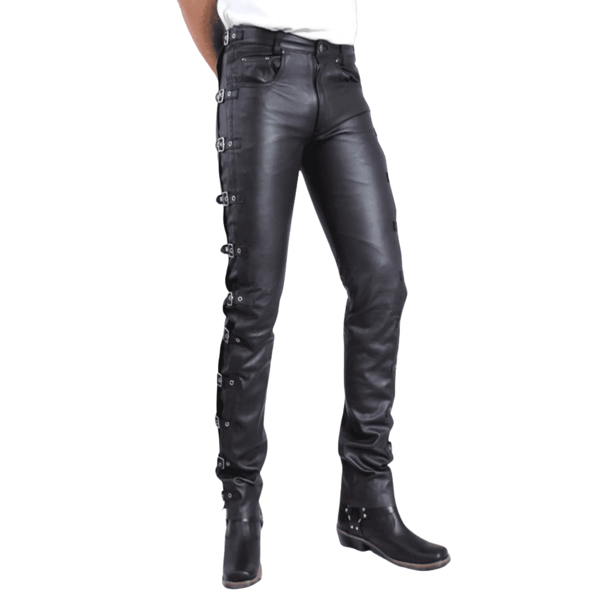 Mens Black Side Buckles Bondage Leather Pants