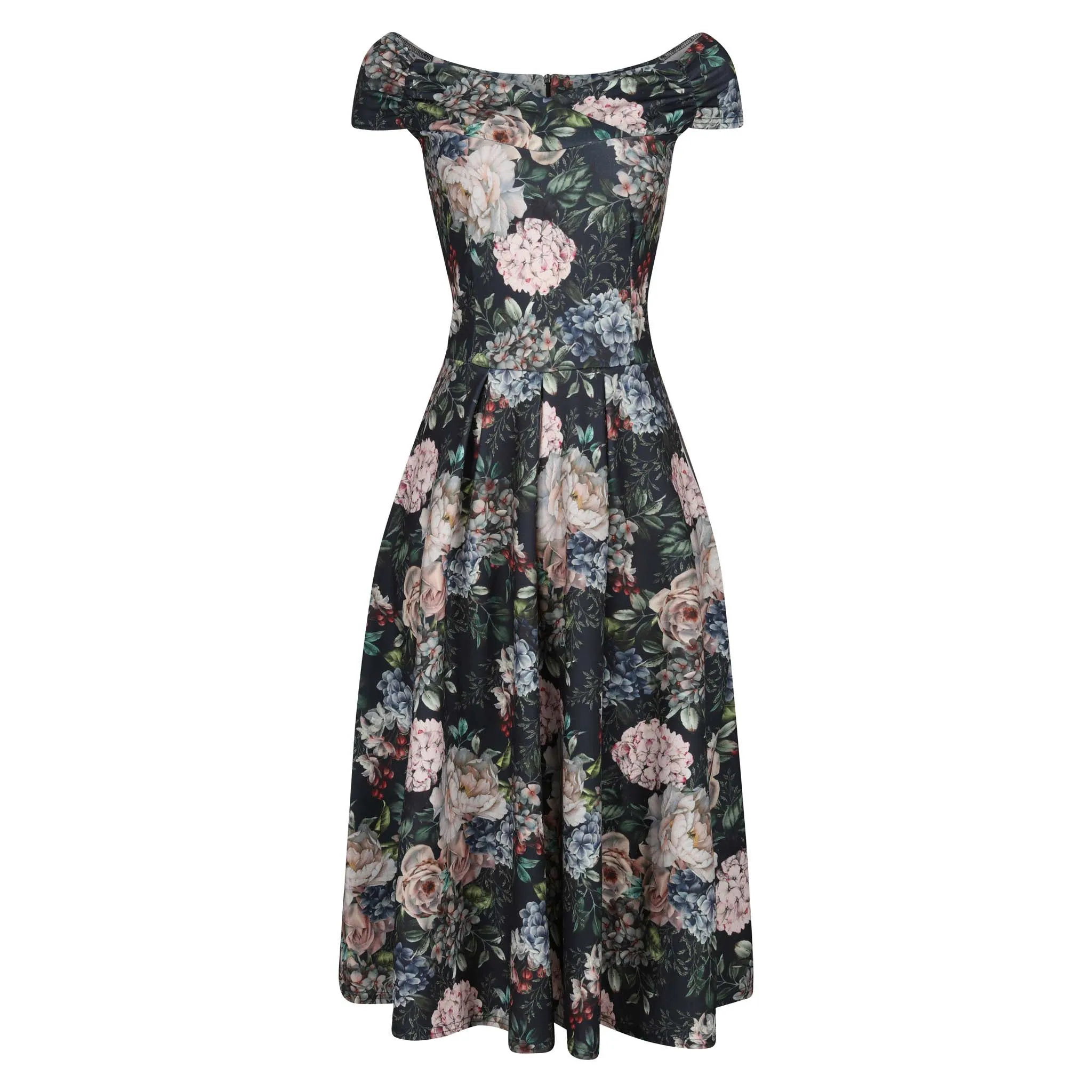 Navy Blue Black Floral Print Crossover Bardot 50s Swing Dress