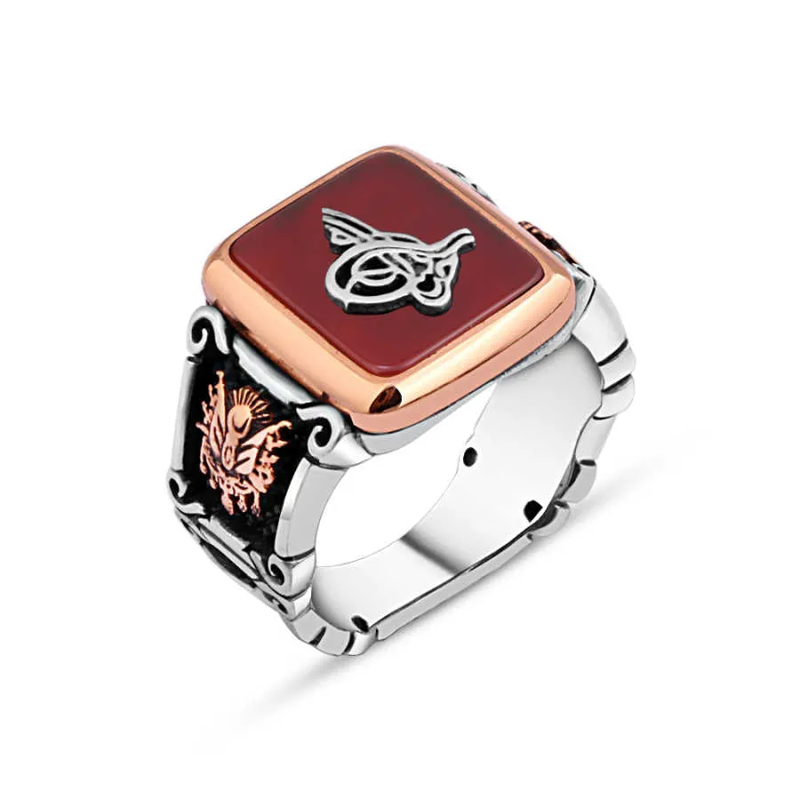 Ottoman Tughra on Red Square Agate Stone Silver Men's Ring Siding Ottoman Coat of Arms