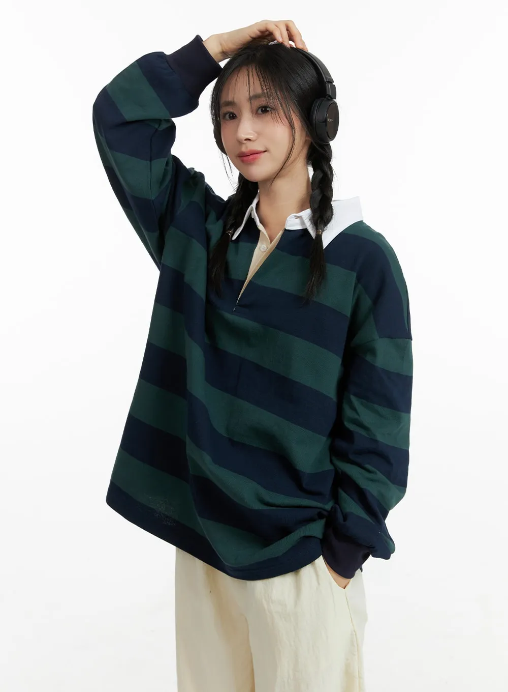 Oversized Collar Striped Button Long Sleeve OM408