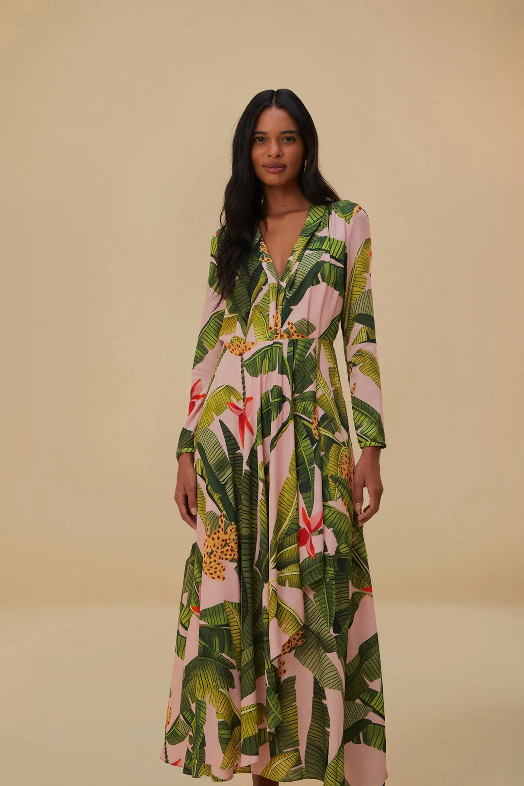 Pink Banana Leaves Maxi Dress