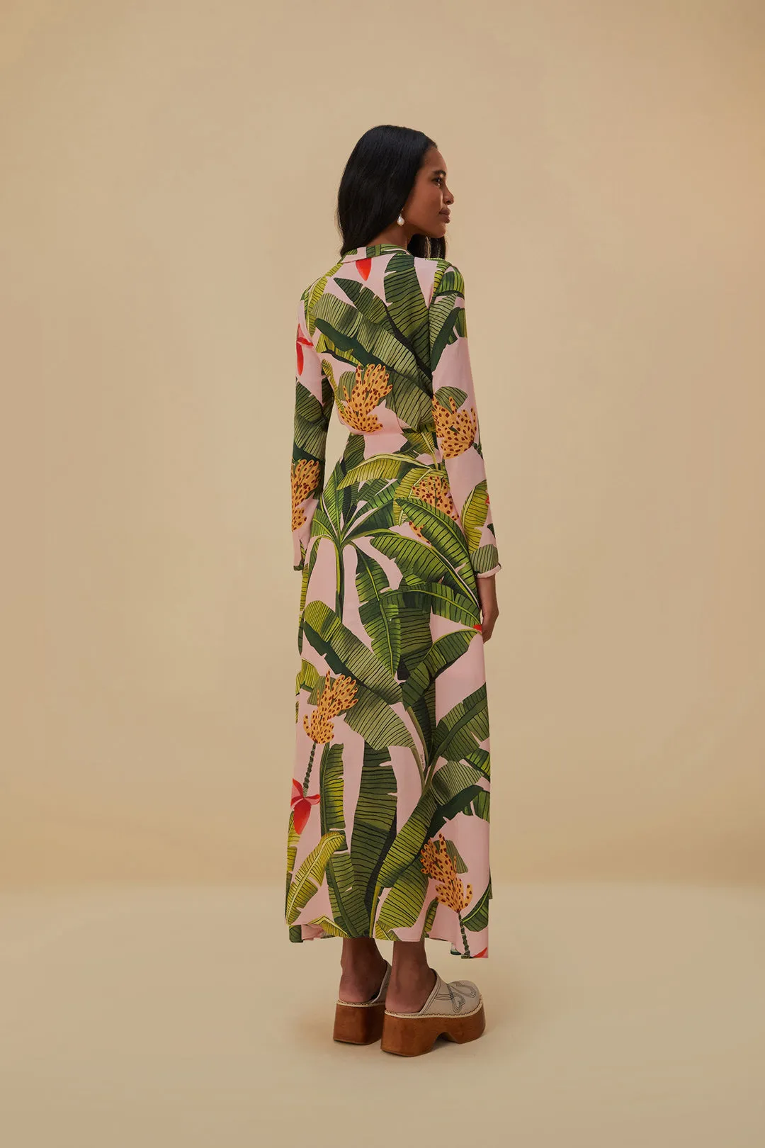 Pink Banana Leaves Maxi Dress