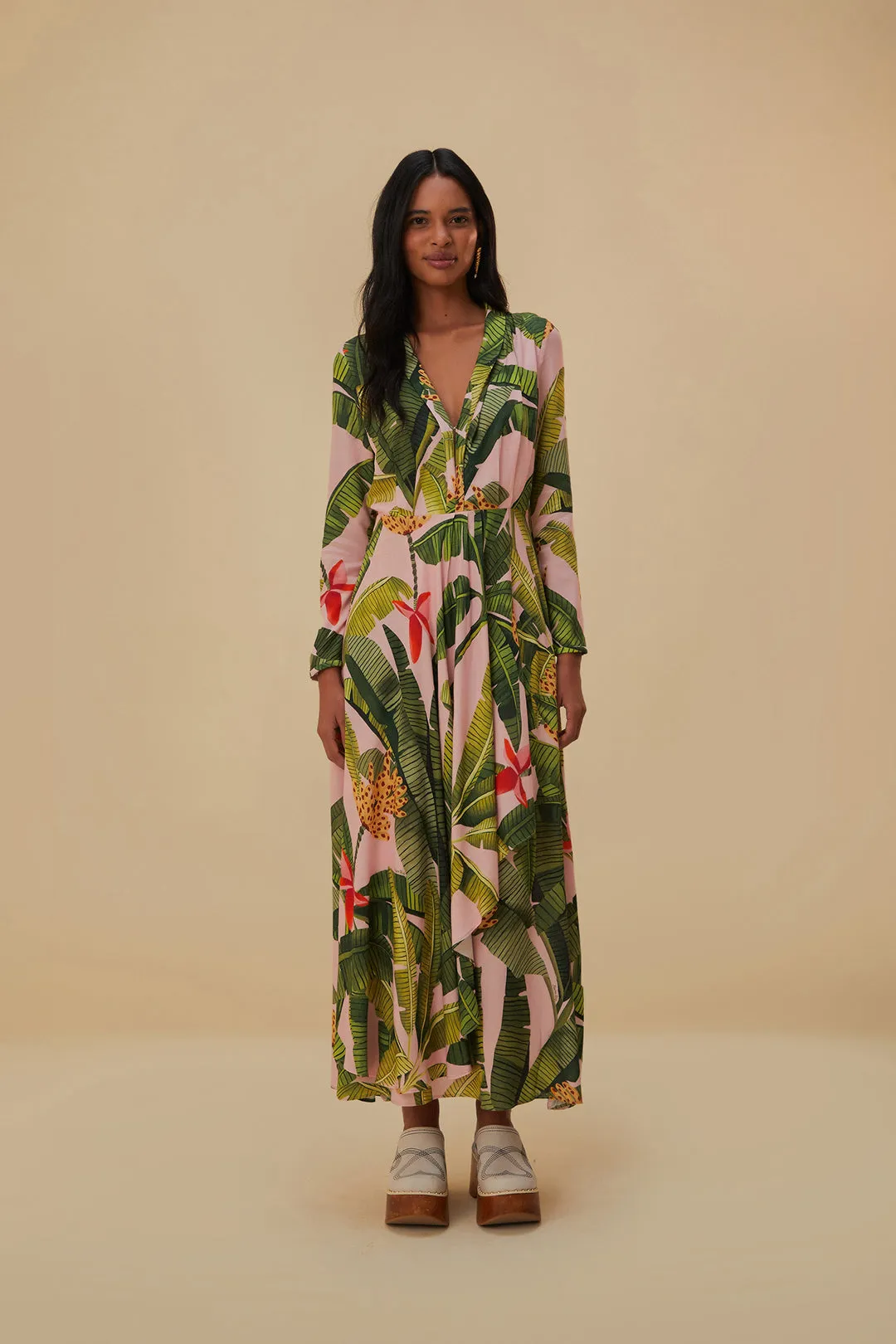 Pink Banana Leaves Maxi Dress