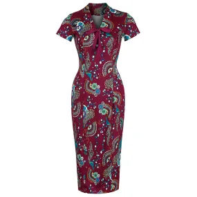 Plum Purple Bird Peacock Floral Print V Neck Wiggle Dress