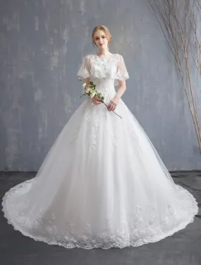 Princess Wedding Dresses Ball Gown Lace Beaded Tulle Long Train Bridal Dress