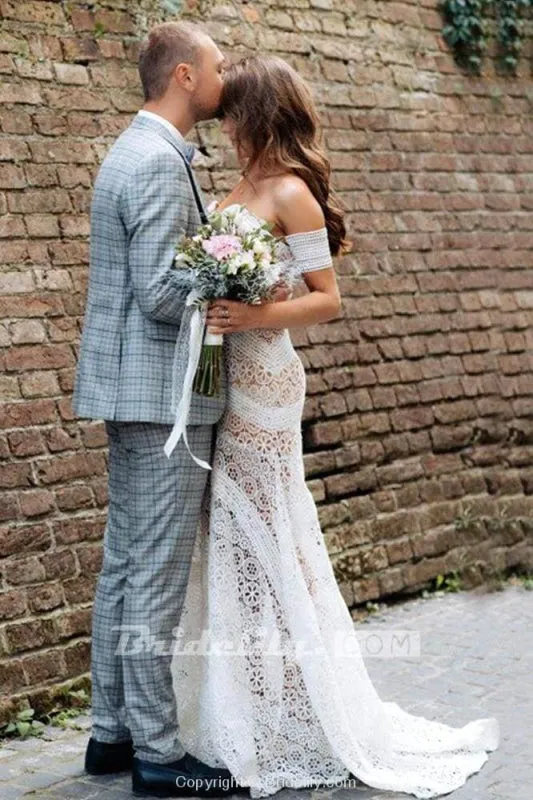 SD0369 Ivory Lace Beach Wedding Dresses Sweetheart Neck Rustic Boho Wedding Dresses