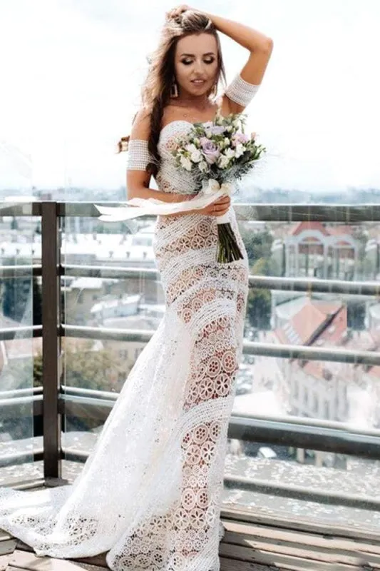 SD0369 Ivory Lace Beach Wedding Dresses Sweetheart Neck Rustic Boho Wedding Dresses