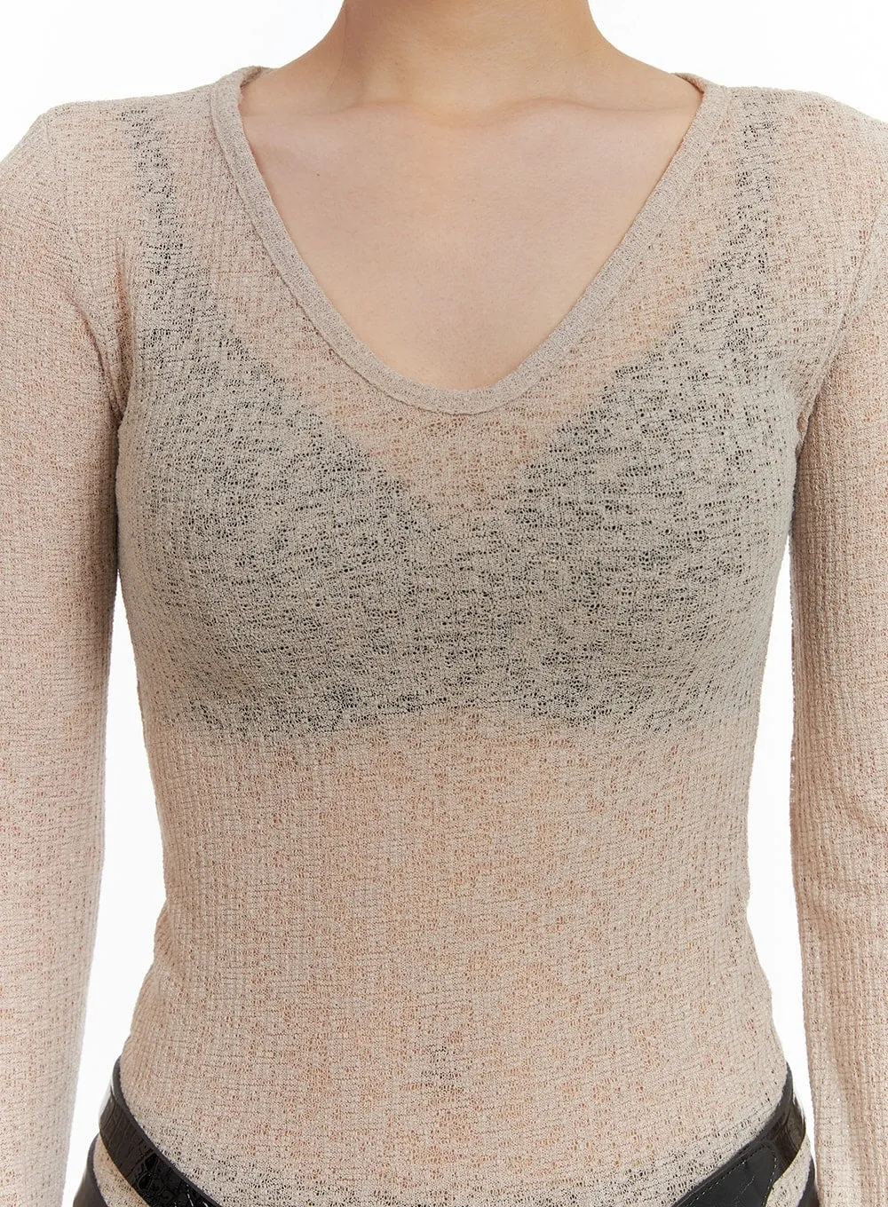 Sheer V-Neck Long Sleeve CA416