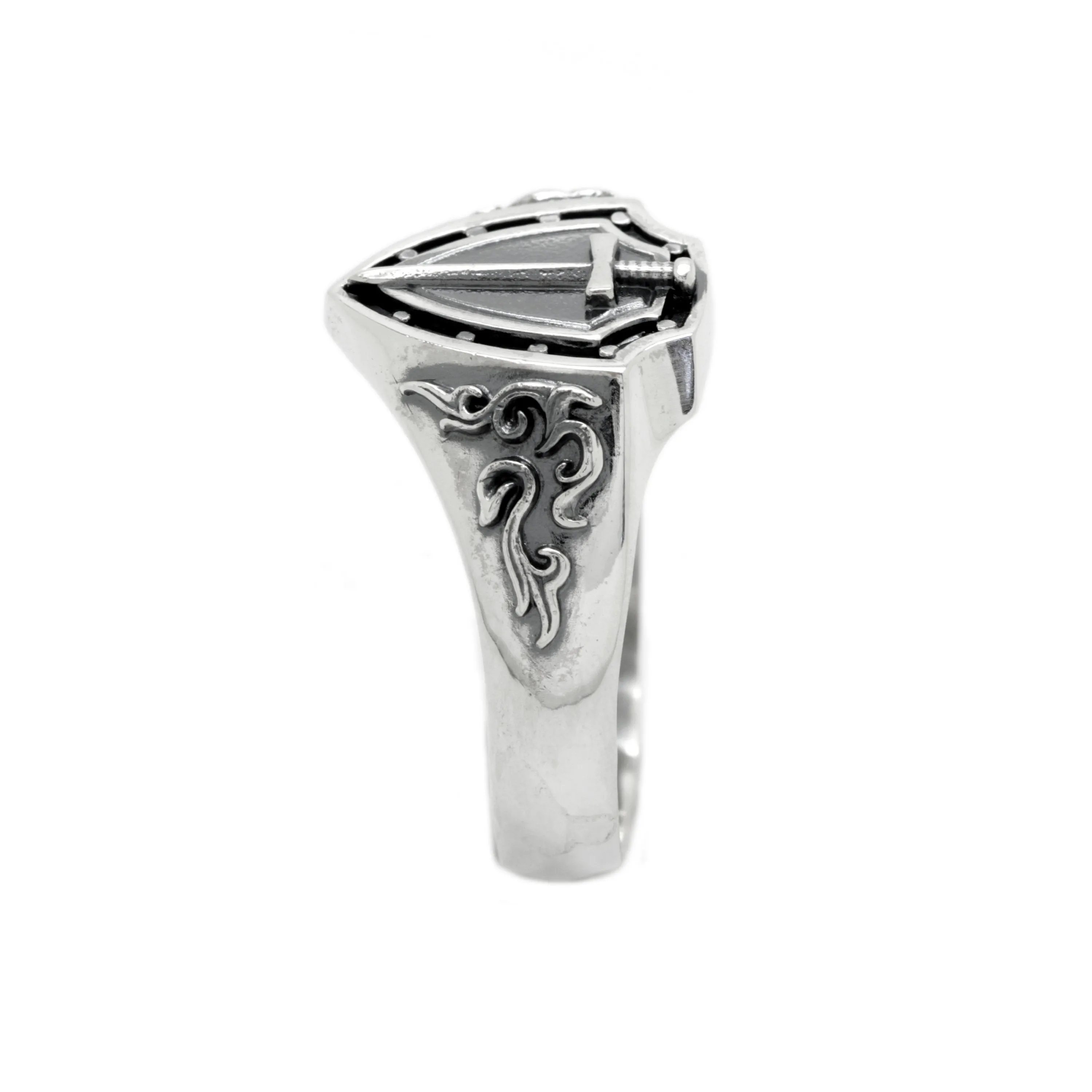 Shield and Sword Solid Sterling Silver Mens Ring Signet