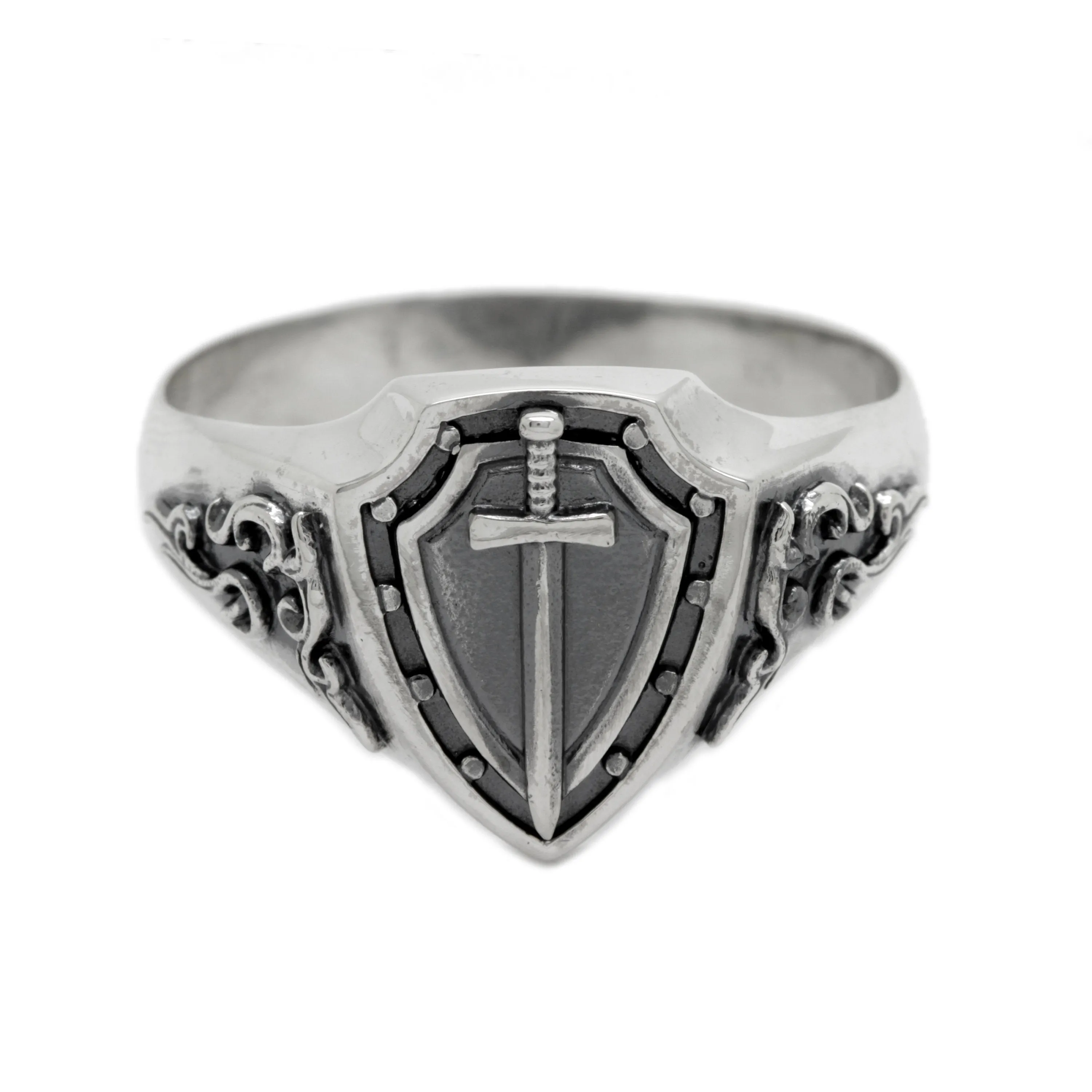 Shield and Sword Solid Sterling Silver Mens Ring Signet