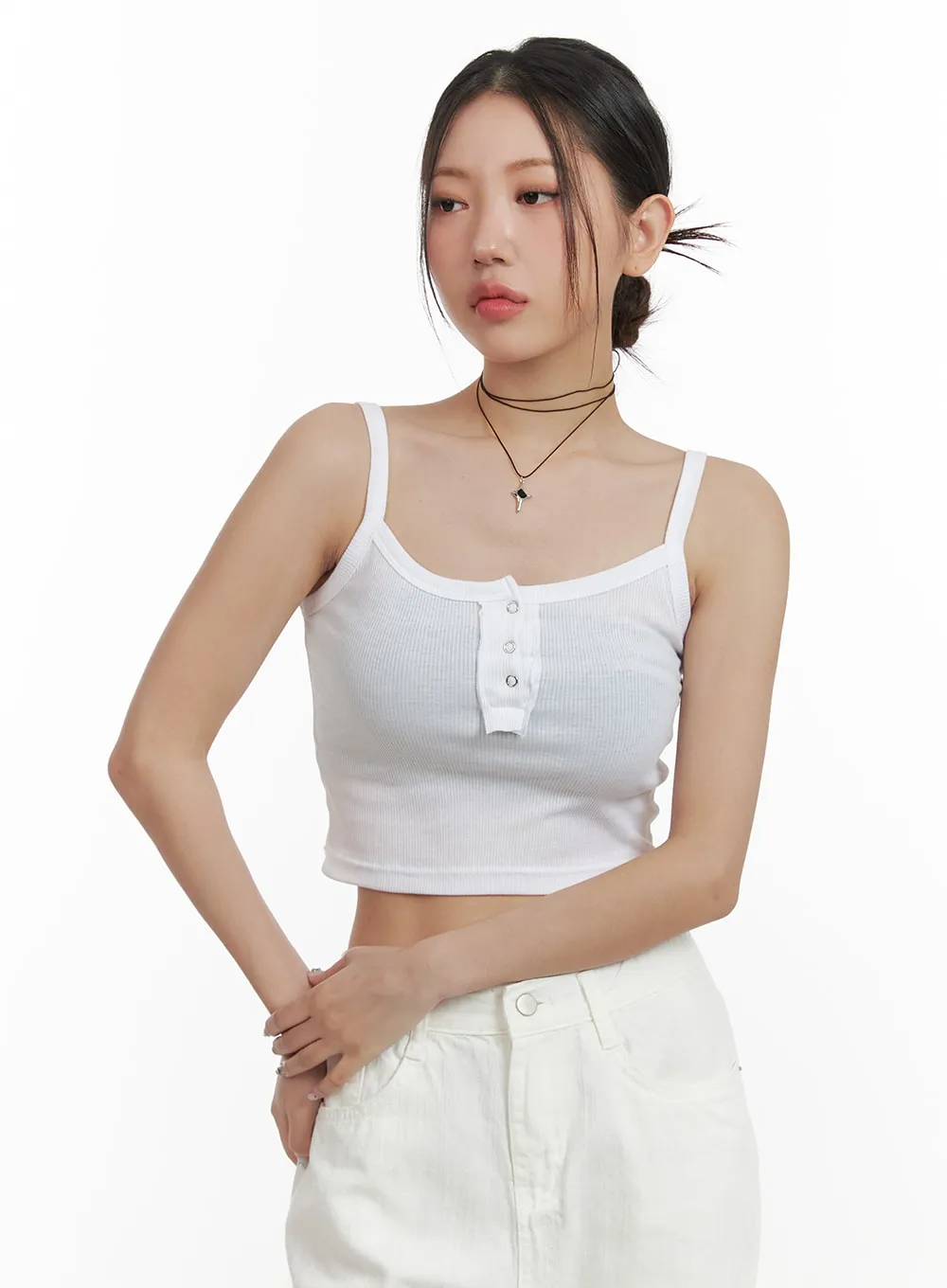 Solid Buttoned Cotton Cami Crop Top OA416