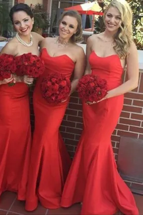 Strapless Red Sweetheart Chic Mermaid Long Bridesmaid Dress