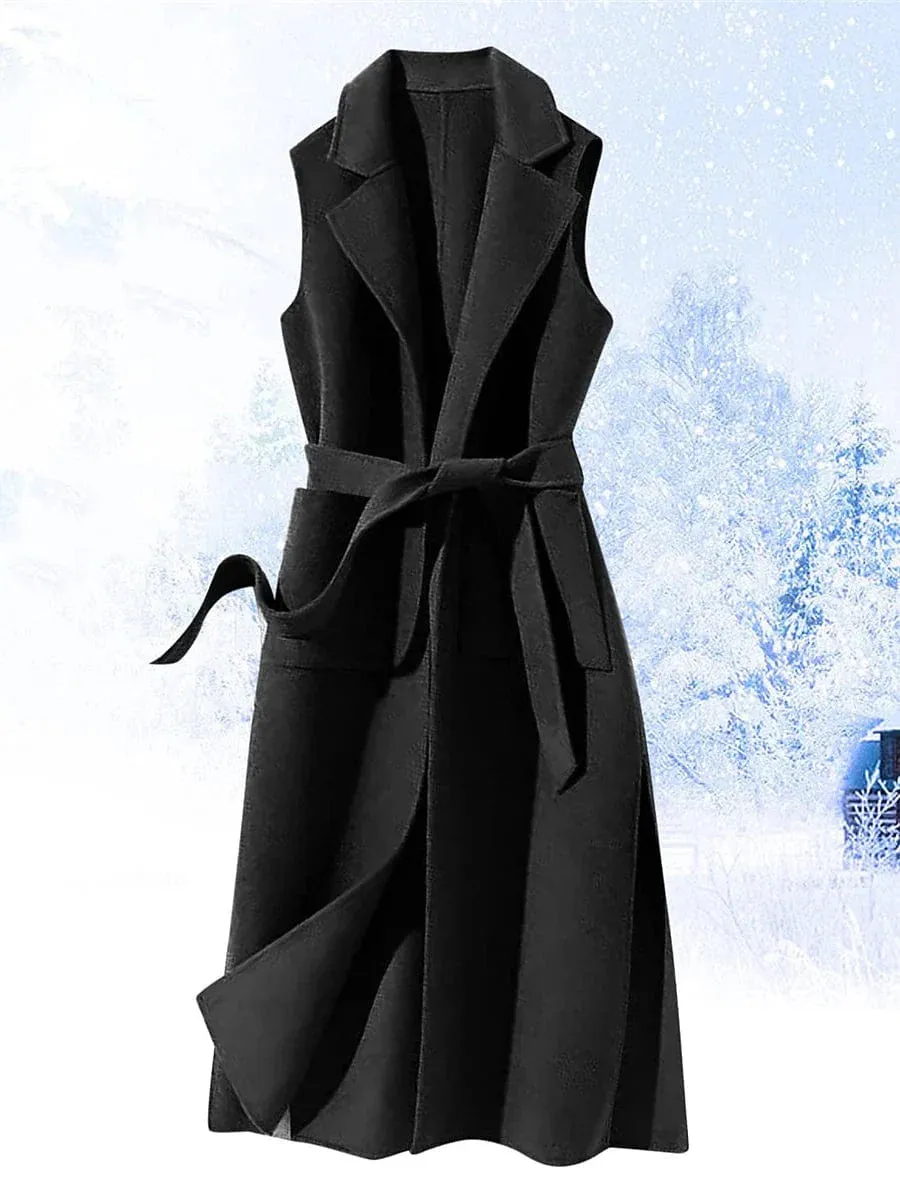 Stylish Sleeveless Winter Pea Coat with Belt - Women's Black S