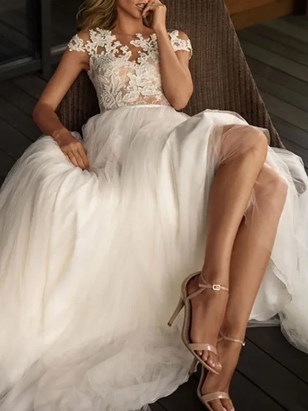 Wedding Dresses 2021 Illusion Neck Short Sleeve Floor Length Lace Soft Tulle Beach Bridal Gowns For Boho Wedding