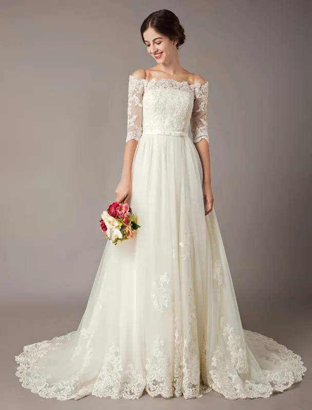 Wedding Dresses Ivory Off The Shoulder Half Sleeve Lace Beaded Bow Sash Tulle Bridal Gowns With Train