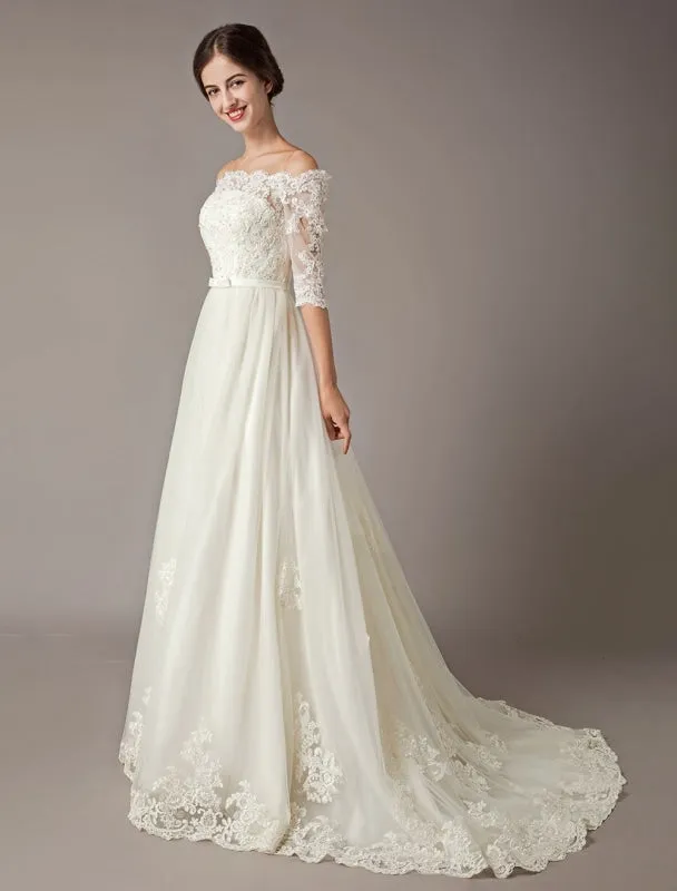 Wedding Dresses Ivory Off The Shoulder Half Sleeve Lace Beaded Bow Sash Tulle Bridal Gowns With Train