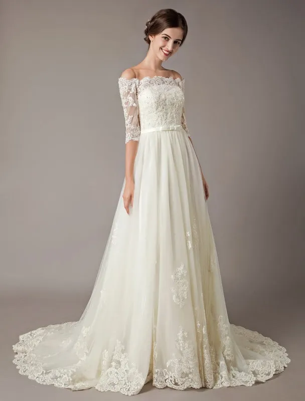 Wedding Dresses Ivory Off The Shoulder Half Sleeve Lace Beaded Bow Sash Tulle Bridal Gowns With Train