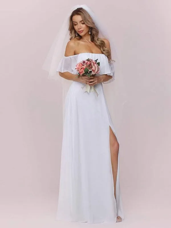 White Simple Wedding Dress Chiffon Bateau Neck Sleeveless Split Front A-Line Long Bridal Gowns