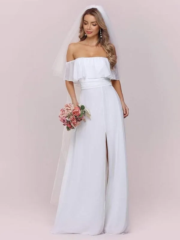 White Simple Wedding Dress Chiffon Bateau Neck Sleeveless Split Front A-Line Long Bridal Gowns