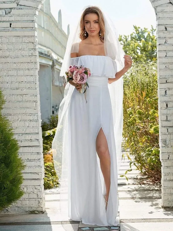 White Simple Wedding Dress Chiffon Bateau Neck Sleeveless Split Front A-Line Long Bridal Gowns