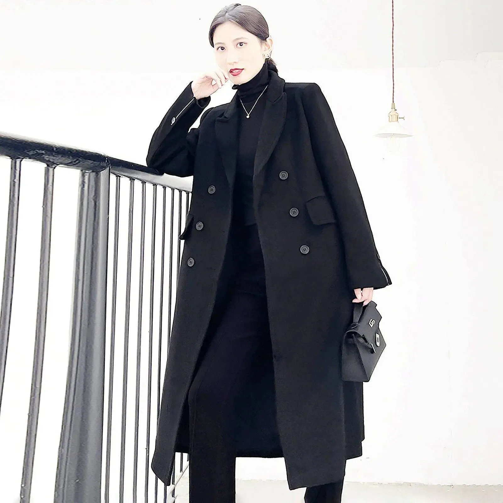 Women Black Long Coat,Double Breasted Wool Coat,Oversize Wool Coat,Long Black Coat,Woolen Coat,Wool Trench Coat,Winter Long Coat Black W109