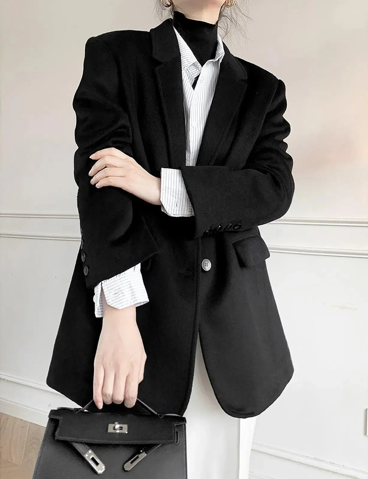 Women Black Wool Blazer,Oversize Woolen Coat,Black wool blend coat,Winter Coat women,boyfriend blazer,Wool suit,Black Wool Coat,Vivian7 W113