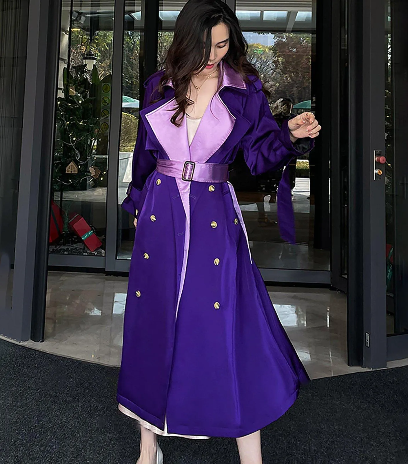 Women Purple Satin Double Breasted Long Trench Coat