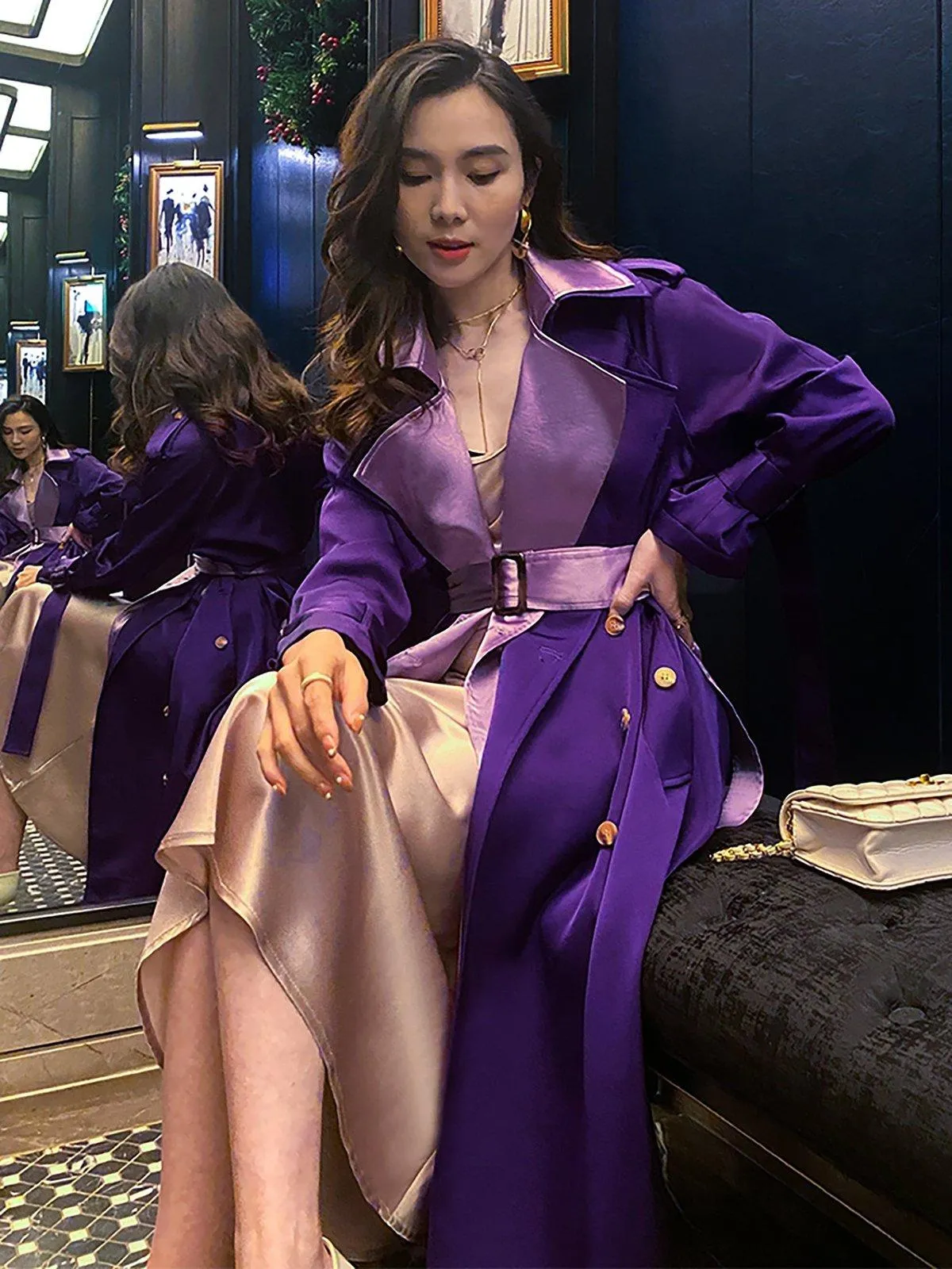 Women Purple Satin Double Breasted Long Trench Coat