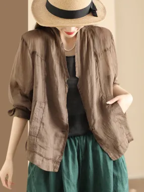 Women Vintage Solid Summer Ramie Thin Cardigan Shirt Coat SC1056