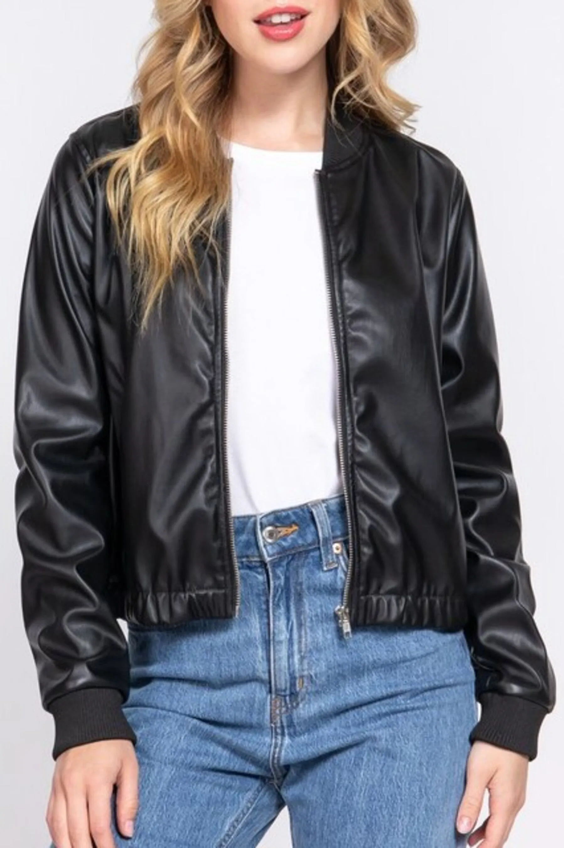 Women's Inner faux fur pu bomber jacket