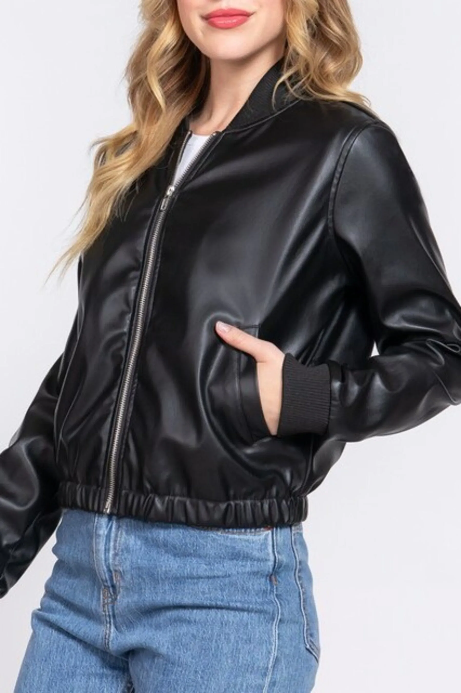 Women's Inner faux fur pu bomber jacket