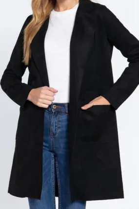 Women's Long Sleeve Open Front Big Collar Side Pocket Faux Suede Jacket