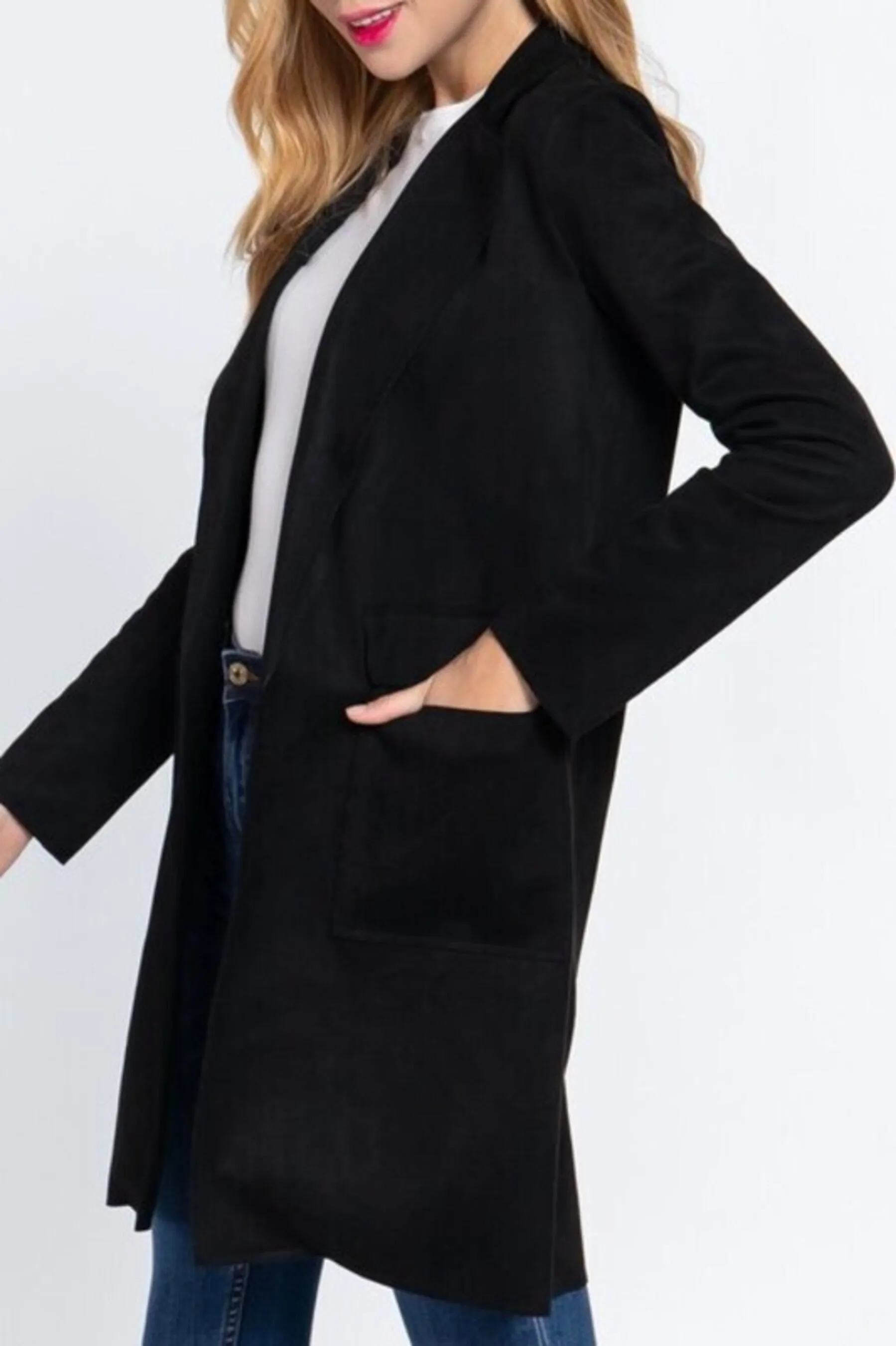 Women's Long Sleeve Open Front Big Collar Side Pocket Faux Suede Jacket